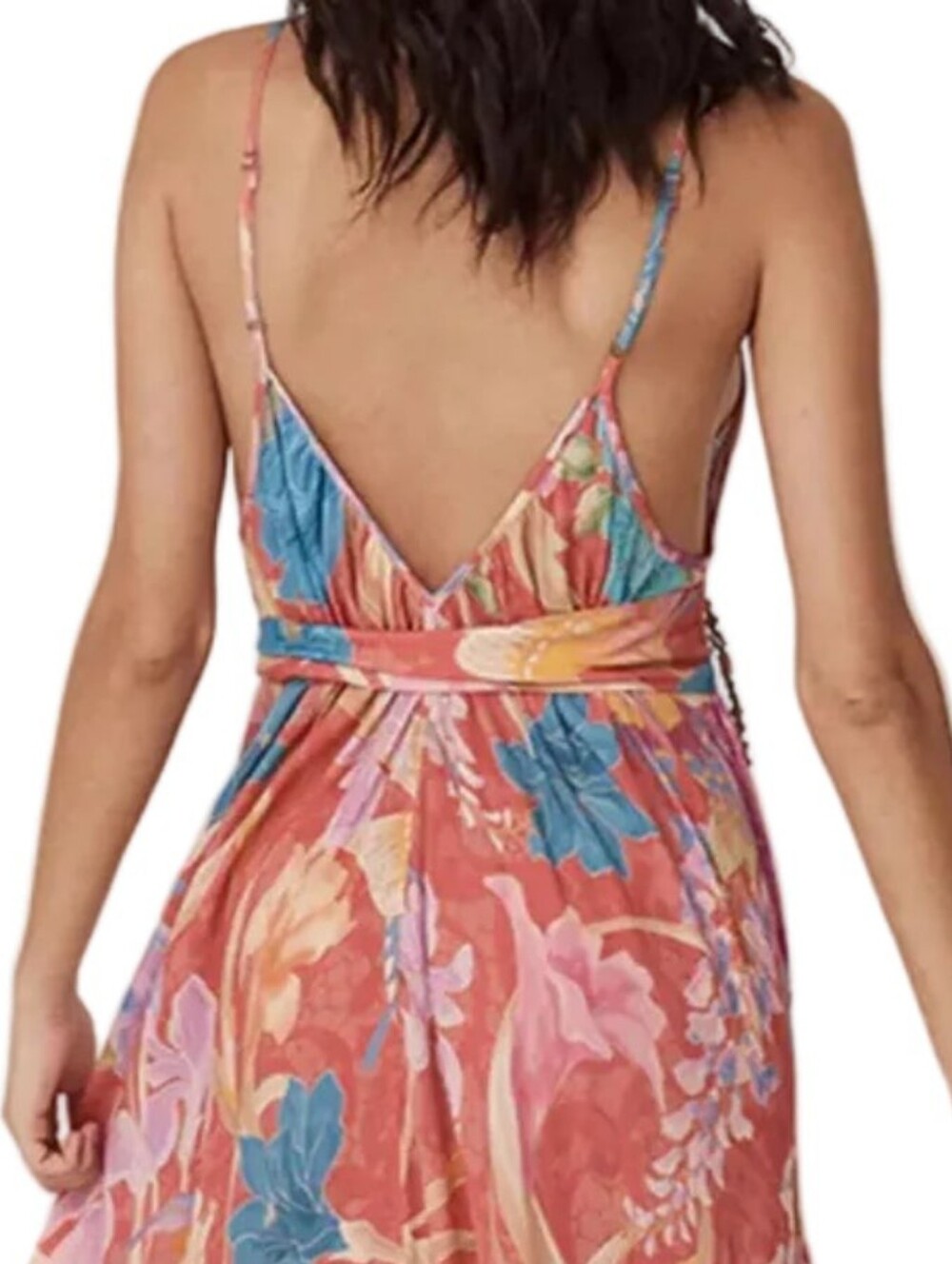 Tie Waist Belted Bright Contrasting Floral V-Neck Open Back Spaghetti Strap Maxi - Picture 8 of 11